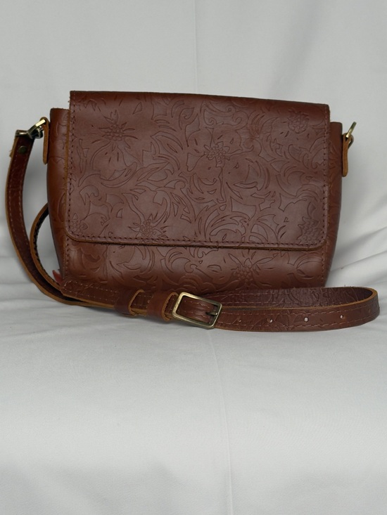 Portland Leather Handbags - Brown Floral Embossed Leather Portland Leather Metro Crossbody Bag